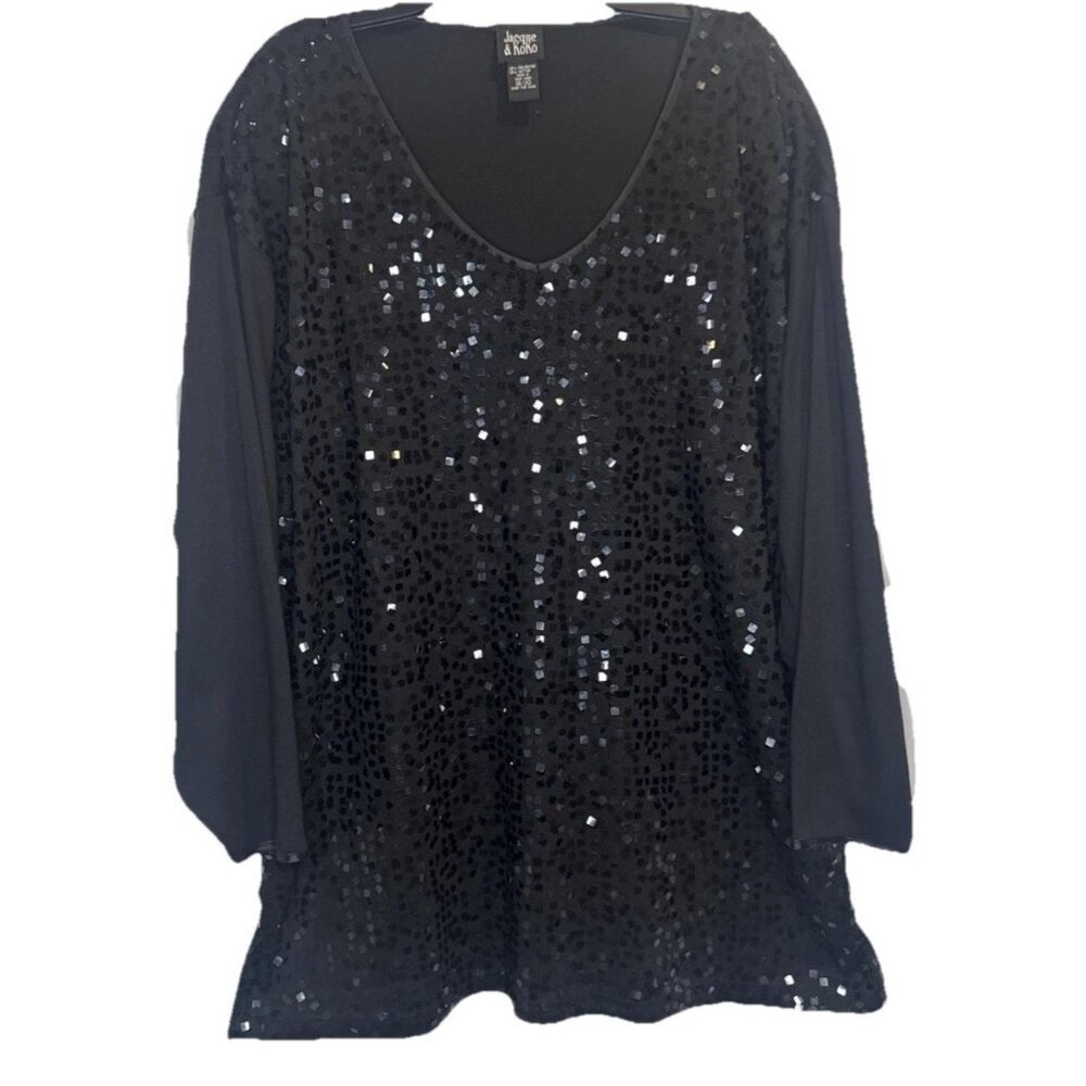 Jacque & KoKo Women's Black V-Neck Sequin Embellished Blouse Tunic‎ Top Sz 18/20